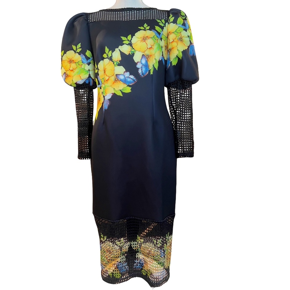 # A286  For Her NYC  Cocktail Chic  Artistic Glam  Black  Floral Mesh NWT M